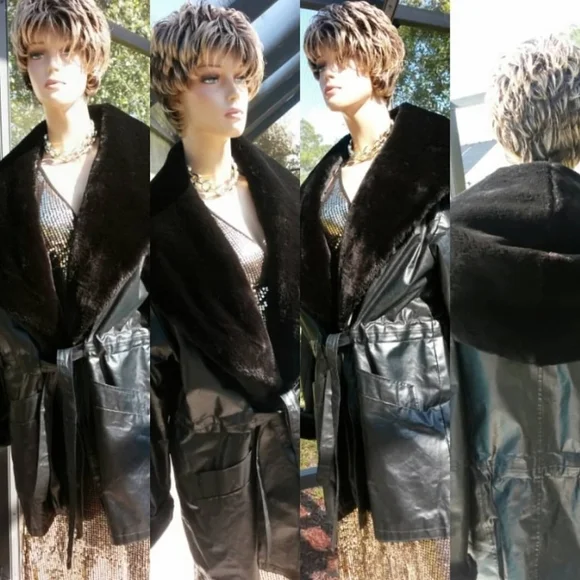 VINTAGE LEATHER WRAP COAT WITH FAUX FUR COLLAR/SLEEVES PLUS SIZE: XLARGE